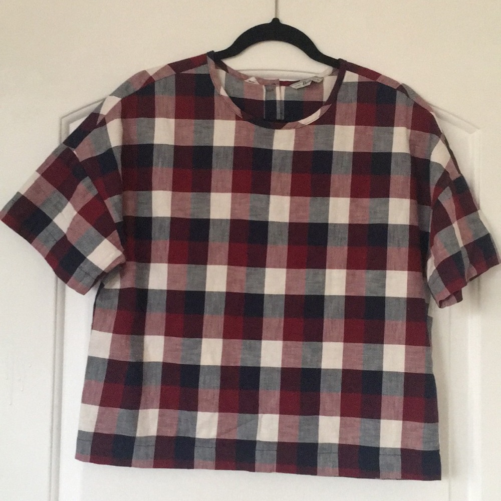 Flannel print top with button up back